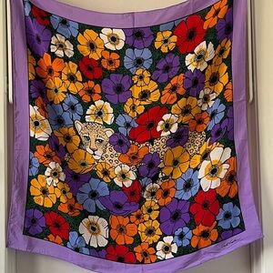 Vintage Gant Gaither Silk Scarf Leopard Floral Jungle Print Purple Border
